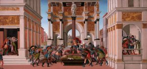 A Renaissance painting showing soldiers in armor violently attacking civilians around grand classical buildings; a central soldier raises a sword over a woman on a platform while chaos unfolds in multiple surrounding scenes.