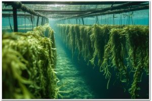 Underwater view of a seaweed aquaculture farm, showing rows of lush green seaweed hanging from a rope-and-frame structure submerged in clear blue-green water, with light filtering down from the surface above.