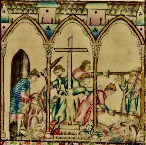 Medieval manuscript illustration of the Crucifixion: a small nude figure of Christ on a cross stands at the center beneath Gothic arches, surrounded by several figures—some attacking or handling bodies—rendered in bright reds, blues, and greens within an architectural frame.