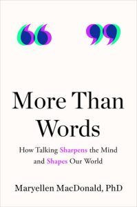 Book cover for More Than Words. It is a white cover containing purple and green quote marks.