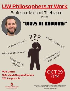 Image of poster with a photo of Mike Titelbaum on it and a stick figure with question marks above its head. 