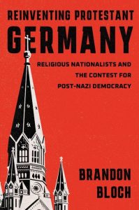 Book cover with a bold red background. The design features a large black-and-white illustration of a Gothic church steeple with a cross at the top, extending upward along the left side of the cover. The title appears in large black and white block letters at the top and center, with the author’s name in black at the bottom right.